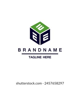 Logo E cube azul. Logotipo de construcción. Monograma E