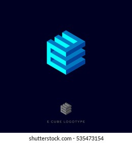 E cube blue logo. Building Logo. E monogram. E cube blue logo on the dark background. 