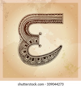 E. Decorative letter. Hand drawn alphabet, ethnic mehndi (henna) style. Vintage background, vector illustration.