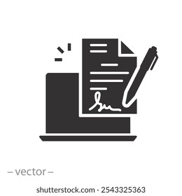 e document form, digital signature icon, electronic device for contract or agreement, thin line symbol on white background - flat vector illustration