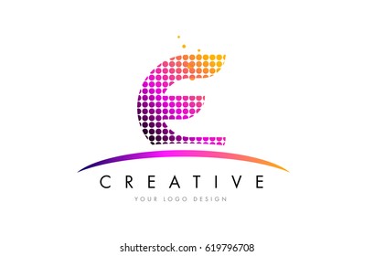 E Dots Letter Logo Design with Magenta Bubble Circles and Swoosh