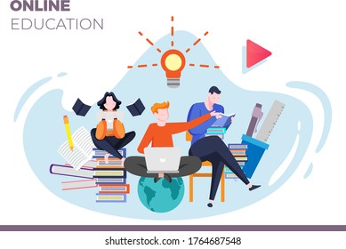 E Education and webinar concept-colorful carton characters with laptop and tab-Book are around them-Creative thinking bulb icon and media icon set