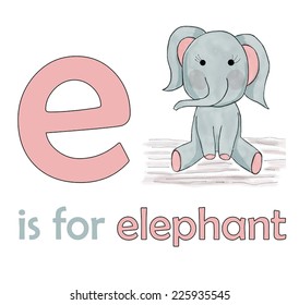 e is for elephant, children alphabet for kids educational books, elephant illustration for letter e