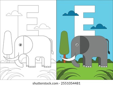 E for Elephant, una ilustración educativa para niños, dividida en dos secciones. El lado izquierdo es un dibujo de línea en blanco y negro, mientras que el lado derecho es la versión completamente coloreada.