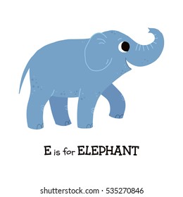E is for elephant. Flashcard letter E. Learning English vocabulary. Vector illustration.
