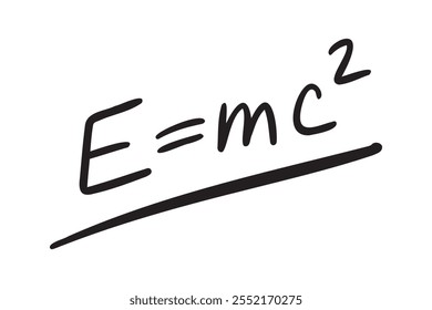 e Fórmula Mc2 igual. Física fórmula dibujo a mano e signo igual mc2. energía, masa y velocidad de la luz doodle línea de letras. Ilustración vectorial