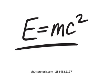 e equal mc2 formula. Physics formula hand drawing e equal sign mc2. energy, mass and speed of light doodle line lettering. Vector illustration