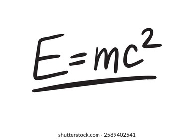 e equal mc2 formula. Physics formula hand drawing e equal sign mc2. energy, mass and speed of light doodle line lettering. Vector illustration