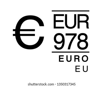 E, EUR, 978, Euro, EU Europa Banking Currency icon typography logo banner set isolated on background. Abstract concept graphic element. Collection of currency symbols ISO 4217 signs used in country