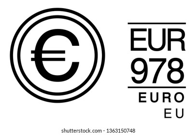 E, EUR, 978, Euro, EU Europa Banking Currency icon typography logo banner set isolated on background. Abstract concept graphic element. Collection of currency symbols ISO 4217 signs used in country