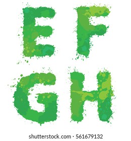 E, F, G, H, Handdrawn English Alphabet - Letters Are Made Of Green Watercolor, Ink Splatter, Paint Splash Font. Isolated On White Background.