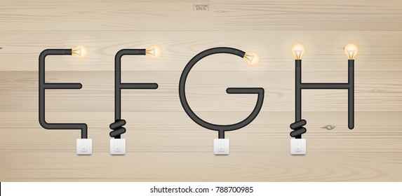 E, F, G, H - Set of stylized alphabet letters. Abstract alphabet of light bulb and light switch on wood background. Vector illustration.