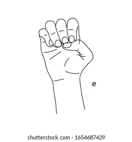 E is the fifth letter of the alphabet in sign language. Vector graphic image of a hand. The language of the deaf. Line drawing. Black and white illustration. Fingers folded in the letter e