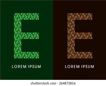 E , font, concept leaf and rock, designed using colors green and brown colors tone geometric shape on dark background, sign ,logo, symbol, icon, graphic, vector.