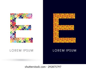 E, Font, designed using Jigsaw puzzle pattern, graphic vector.