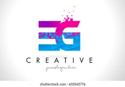 EG E G Letter Logo with Broken Shattered Blue Pink Triangles Texture Design Vector Illustration.