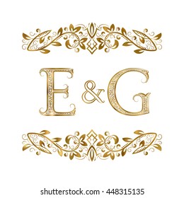 E and G vintage initials logo symbol. The letters are surrounded by ornamental elements. Wedding or business partners monogram in royal style.