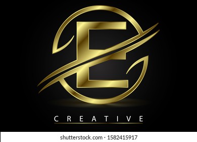 E Golden Letter Logo Design Vector Illustration with Circle Swoosh and Gold Metal Texture. Creative Metallic Letter for Company Name, Label, Icon, Cover, Emblem, Print, Textile, Card or Web Page.