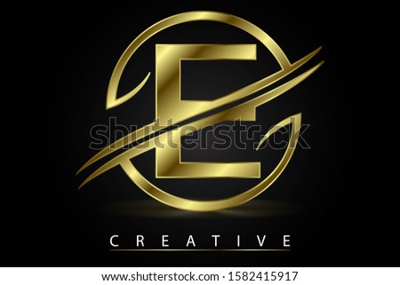 E Golden Letter Logo Design Vector Illustration with Circle Swoosh and Gold Metal Texture. Creative Metallic Letter for Company Name, Label, Icon, Cover, Emblem, Print, Textile, Card or Web Page.
