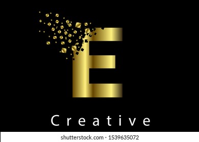 E golden metallic letter with dispersion effect on black background vector illustration. Styled letter design for logo, label, luxury concept, jewelry,  gold business or web page graphic elements.