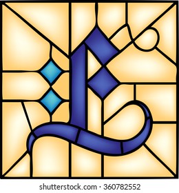 E - Gothic font, English alphabet, letter, vector illustration in stained glass window style