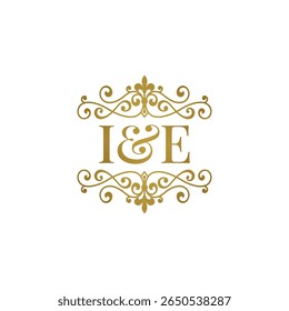 I E inisial logo ornamen emas. Huruf IE ampersand pernikahan atau simbol mitra bisnis.