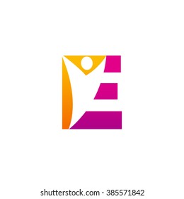 E initial alphabet letter logo with negative space swoosh man, orange purple