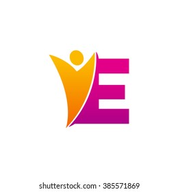 E initial alphabet letter logo with swoosh man, orange purple