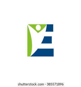 E initial alphabet letter logo with negative space swoosh man, green blue