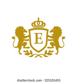 E initial business, clean luxury crest logo with lions