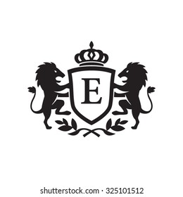 E initial business, clean luxury crest logo with lions