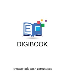 E Initial letter digital book/e book with colorful pixel technology. For electronic book, digital library and technology logo concept