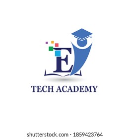 E Initial letter for Education/Academy Technology with Toga hat cap and children