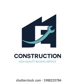 E Initial Letter for Flat Minimalist Modern Construction Logo Design. Simple renovation business logo with wrench equipment tool. Building repair and maintenance brand