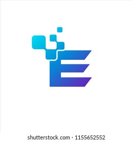 E Initial Letter Logo Design with Digital Pixels in Blue and Purple Colors