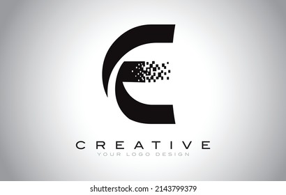 E Initial Letter Logo Design with Digital Pixels in Black and White Colors.