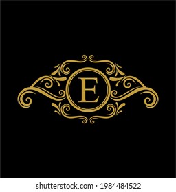 E Initial Letter Luxury Golden Monogram Logo with Frame Ornament for Boutique, Beauty Spa, Hotel, Resort, Restaurant, Jewelry, cosmetic Logo Design. Initial Golden Wedding Marriage Sign