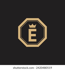 E initial letter monogram design with crown icon in hexagonal shape vector eps