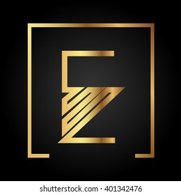 E initial logo, golden, square frame
