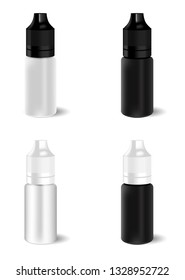 E Juice Liquid Dropper Bottle. Vector Vial for Essence. Plastic Vapour Flacon Packaging Mockup. Realistic 3d Dripping Container Set with Cap for Electronic Cigarette Vaporize. Organic Herb Aroma.