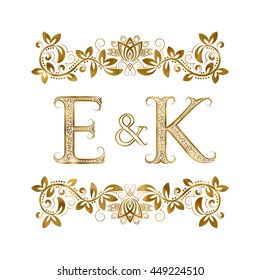E and K vintage initials logo symbol. The letters are surrounded by ornamental elements. Wedding or business partners monogram in royal style.