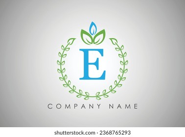 E Última hoja .logotipo abstracto de la empresa de hoja verde. Plantilla de símbolos naturales de plantas de jardín. Colección de signos empresariales. Ilustración vectorial.