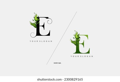 E Leaf Letter Logo Icon Design in Green Colors. E logo with leaf element, letter E with the concept of green leaves, Eco Bio Letter Design Vector Illustration.