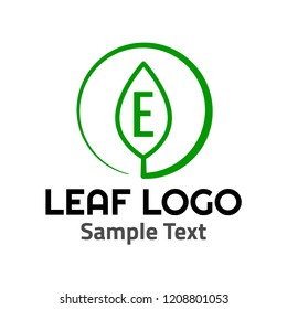"E" leaf logo symbol icon sign. A leaf logo, green, simple minimalist style, with a green "E" letter and some sample text.
