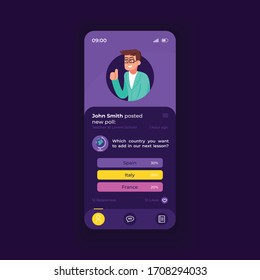 E Learning Application Smartphone Interface Vector Template. Educational Mobile App Page Dark Theme Design Layout. Teacher Post Screen. Flat UI For Application. Remote Tutor On Phone Display