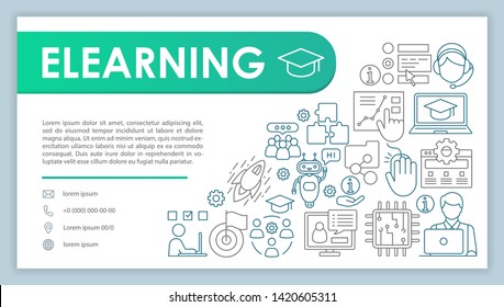 E Learning Banner, Business Card Template. Online Courses, Classes. Company Contact With Phone, Email Linear Icons. Remote Education, Elearning. Presentation, Web Page Idea. Corporate Print Layout