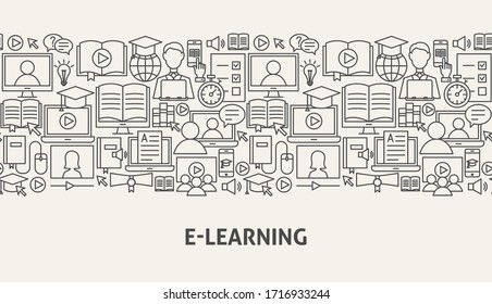E Learning Banner Concept. Vector Illustration of Outline Design.
