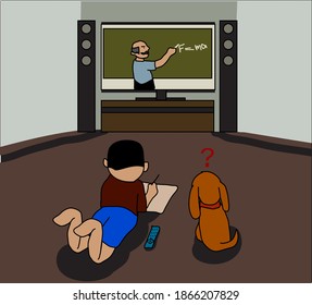E learning boy and his dog at home 