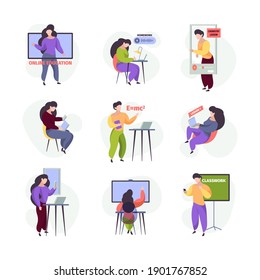E learning characters. Online education services teachers making lessons and tutorials for students on laptop tablet pc and smartphones garish vector pictures