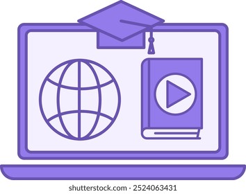 E Learning Color Icon. Vector Icon. Laptop, Graduation Hat, World Wide Web, and Book with Play Sign. Distance Learning, Online School. Online Education Concept